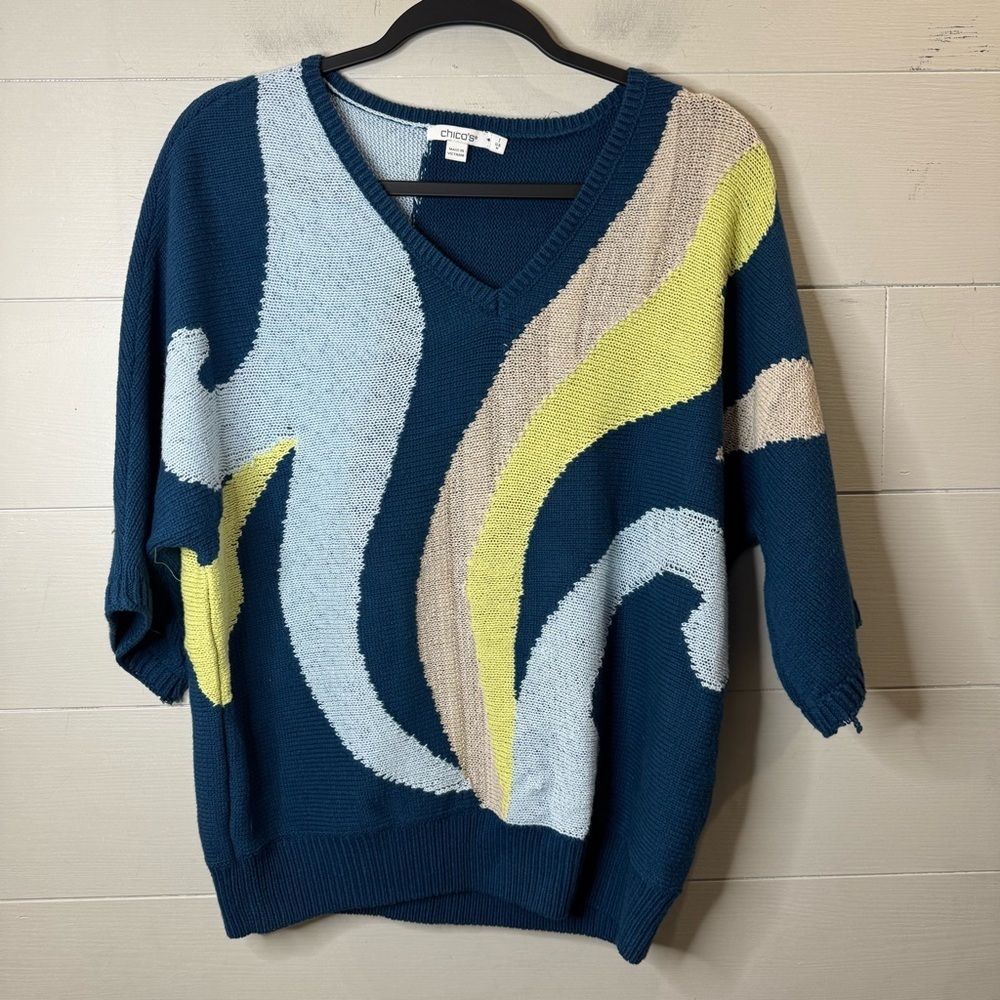 Chico's Women's Print V-neck Pullover Sweater In Seaport Medium